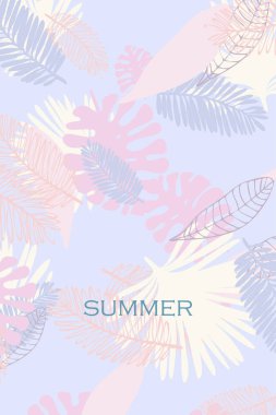Tropik bitkilerin yaprakları. Renkli yaz kartpostalı, yaz tatili. Vektör arka planı.