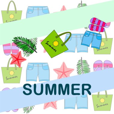 Yaz tatili. Plaj çantası, terlik, şort, denizyıldızı, tropik çarşaf. Vektör arka planı