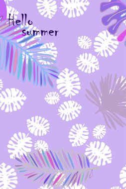 Tropik bitkilerin yaprakları. Renkli yaz kartpostalı, yaz tatili. Vektör arka planı.