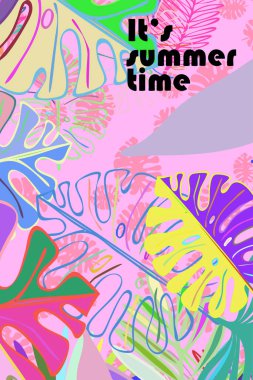 Tropik bitkilerin yaprakları. Renkli yaz kartpostalı, yaz tatili. Vektör arka planı.