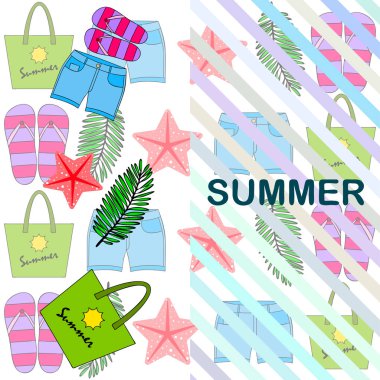 Yaz tatili. Plaj çantası, terlik, şort, denizyıldızı, tropik çarşaf. Vektör arka planı