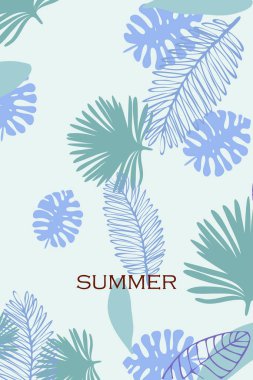 Tropik bitkilerin yaprakları. Renkli yaz kartpostalı, yaz tatili. Vektör arka planı.