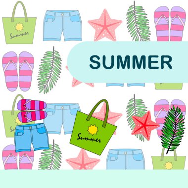 Yaz tatili. Plaj çantası, terlik, şort, denizyıldızı, tropik çarşaf. Vektör arka planı