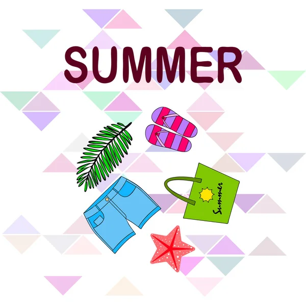 Letní prázdniny. Plážový pytel, pantofle, šortky, Hvězdnice, tropické fólie. Vektorové pozadí — Stockový vektor