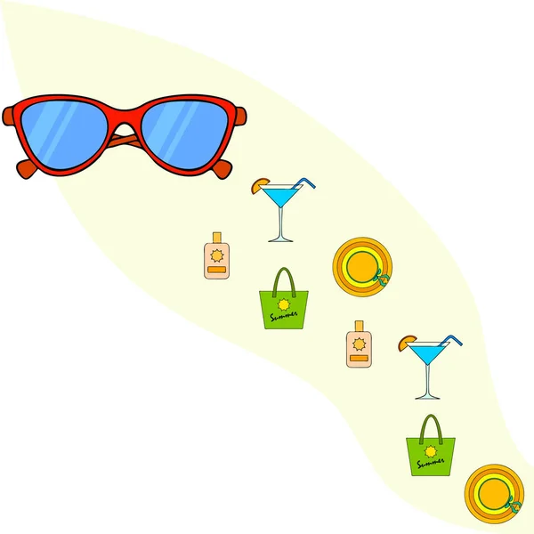 Beach vacation. Sunglasses, hat, beach bag, cocktail, sunscreen. Vector background. — Stock Vector