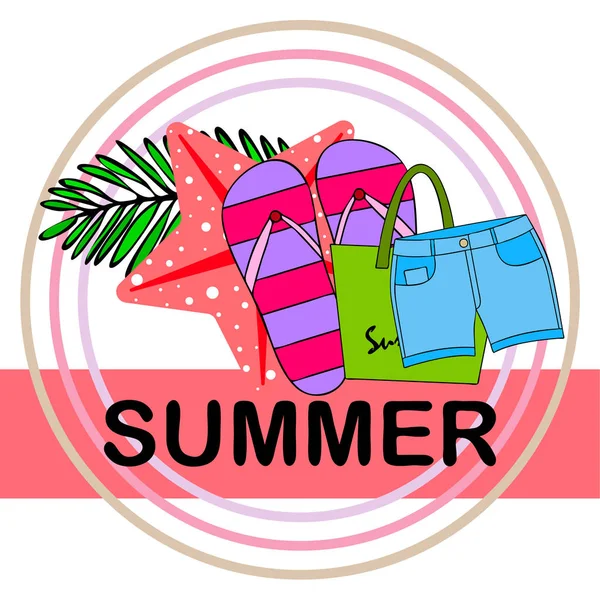 暑假。沙滩包，拖鞋，短裤，海星，热带床单。矢量背景 — 图库矢量图片