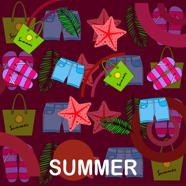 Letní prázdniny. Plážový pytel, pantofle, šortky, Hvězdnice, tropické fólie. Vektorové pozadí — Stockový vektor