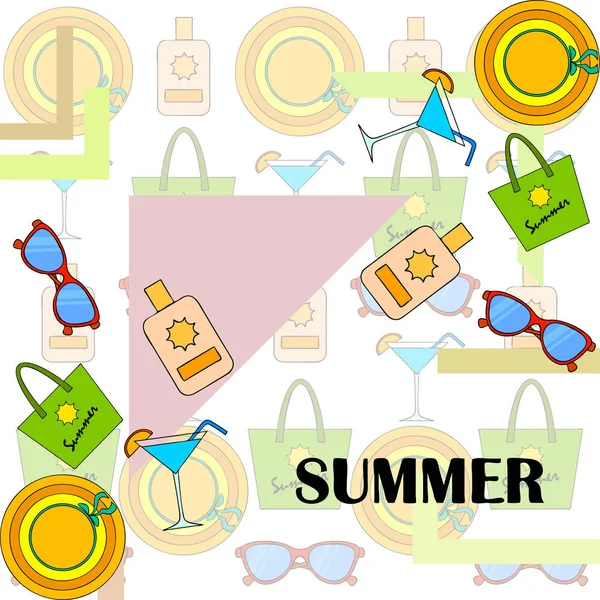 Sahil tatili. Güneş gözlüğü, şapka, plaj çantası, kokteyl, güneş kremi. Vektör arka planı. — Stok Vektör