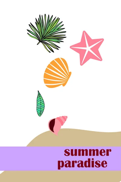 Repos d'été. Étoile de mer, coquillage, feuilles de plantes tropicales. Fond vectoriel — Image vectorielle