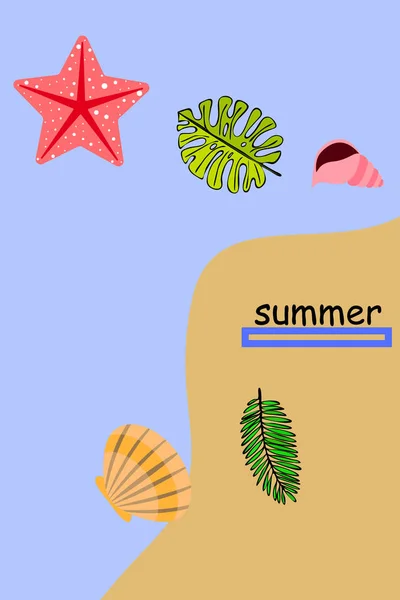 Zomer rust. Zeesterren, Seashell, bladeren van tropische planten. Vector achtergrond — Stockvector