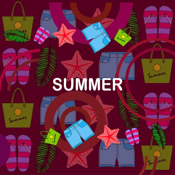 Летние каникулы. Пляжная сумка, тапочки, шорты, морская звезда, тропический лист. Векторный фон — стоковый вектор