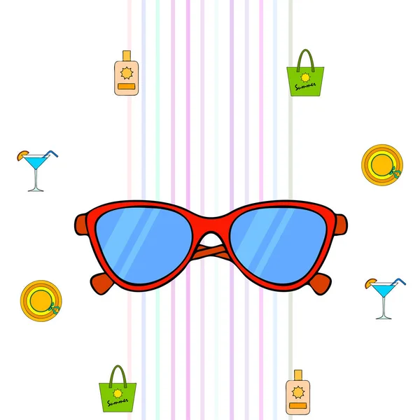 Beach Vacation Sunglasses Hat Beach Bag Cocktail Sunscreen Vector Background — Stock Vector