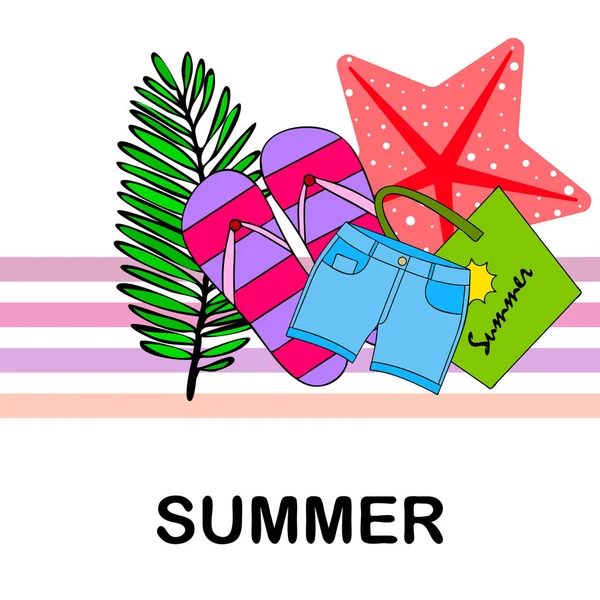 Zomervakantie. Strand tas, slippers, shorts, Starfish, tropische blad. Vector achtergrond — Stockvector