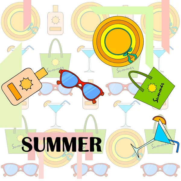 Vacanze al mare. Occhiali da sole, cappello, borsa da spiaggia, cocktail, crema solare. Sfondo vettoriale . — Vettoriale Stock