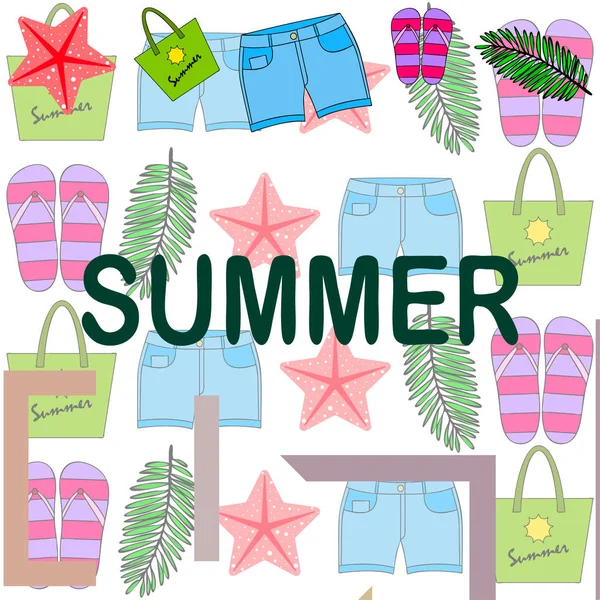 Vacanze estive. Borsa da spiaggia, pantofole, pantaloncini, stelle marine, lenzuolo tropicale. Sfondo vettoriale — Vettoriale Stock