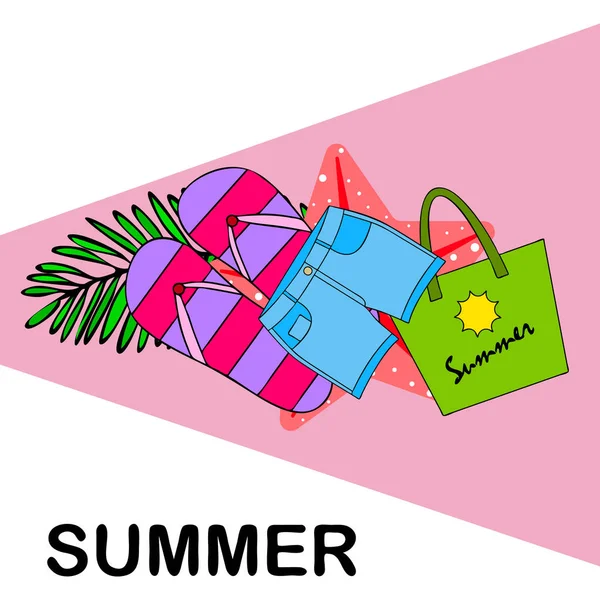 Nyári vakáció. Strand táska, papucs, rövidnadrág, tengeri csillag, trópusi lepedő. Vektorháttér — Stock Vector
