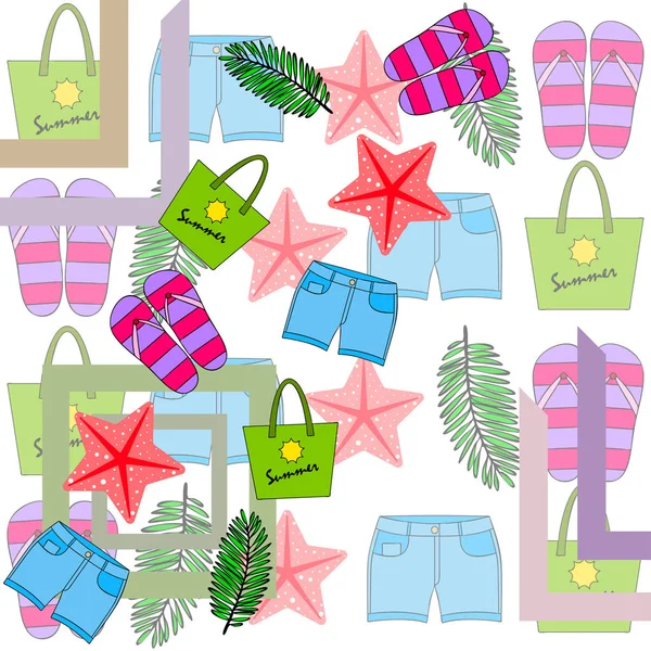 Vacaciones de verano. Bolsa de playa, zapatillas, pantalones cortos, estrellas de mar, sábana tropical. Fondo vectorial — Archivo Imágenes Vectoriales