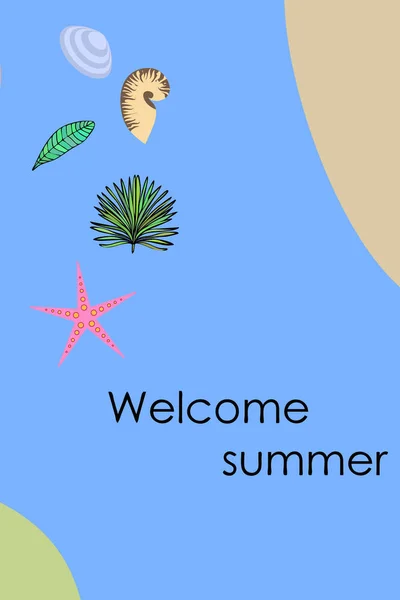 Zomer rust. Zeesterren, Seashell, bladeren van tropische planten. Vector achtergrond — Stockvector