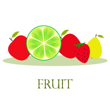 Meyve ler ve meyveler. Renkli karikatür meyve simgeleri: elma, armut, böğürtlen, çilek, kireç. Vektör arka planı.