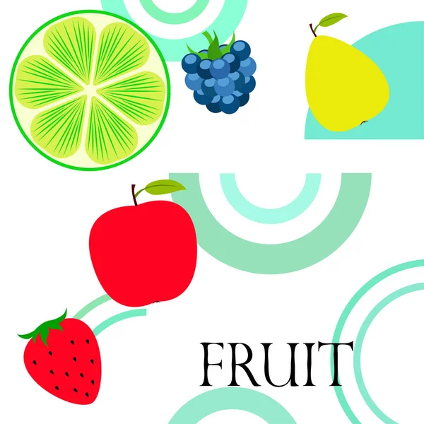 Frutas y bayas. Iconos coloridos de frutas de dibujos animados: manzana, pera, mora, fresa, lima. Fondo vectorial . — Vector de stock