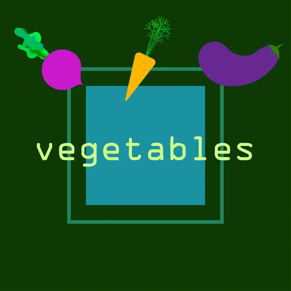 Morot, betor, aubergine, färska grönsaker. Affisch för ekologisk mat. Utformning av jordbruksmarknaden. Vektor bakgrund. — Stock vektor