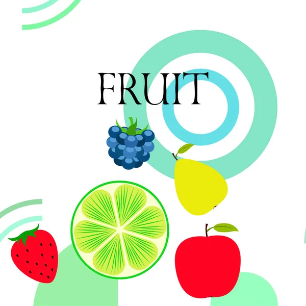 Fruit en bessen. Kleurrijke cartoon fruit iconen: appel, peer, BlackBerry, aardbei, limoen. Vector achtergrond. — Stockvector