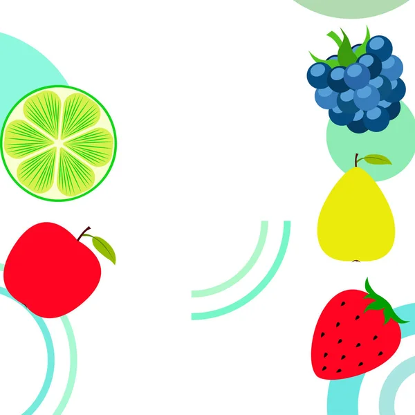 Fruits et baies. icônes colorées de fruits de dessin animé : pomme, poire, mûre, fraise, citron vert. Fond vectoriel . — Image vectorielle