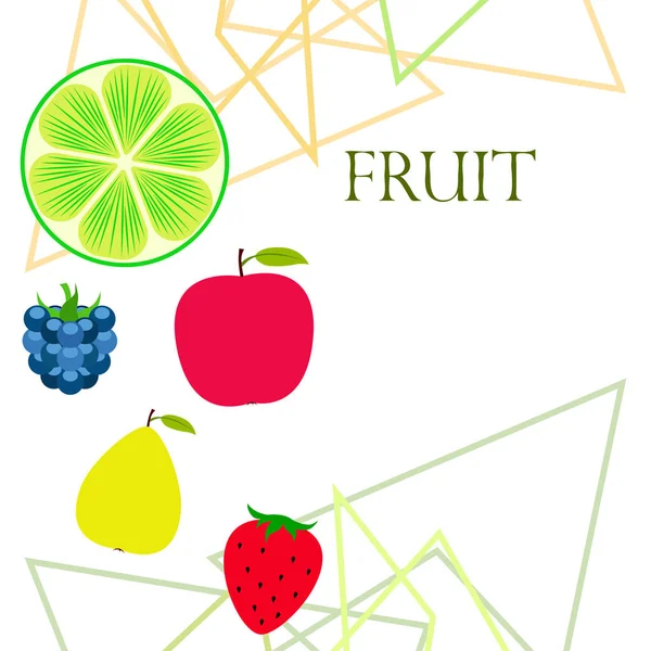 Frutas y bayas. Iconos coloridos de frutas de dibujos animados: manzana, pera, mora, fresa, lima. Fondo vectorial . — Archivo Imágenes Vectoriales