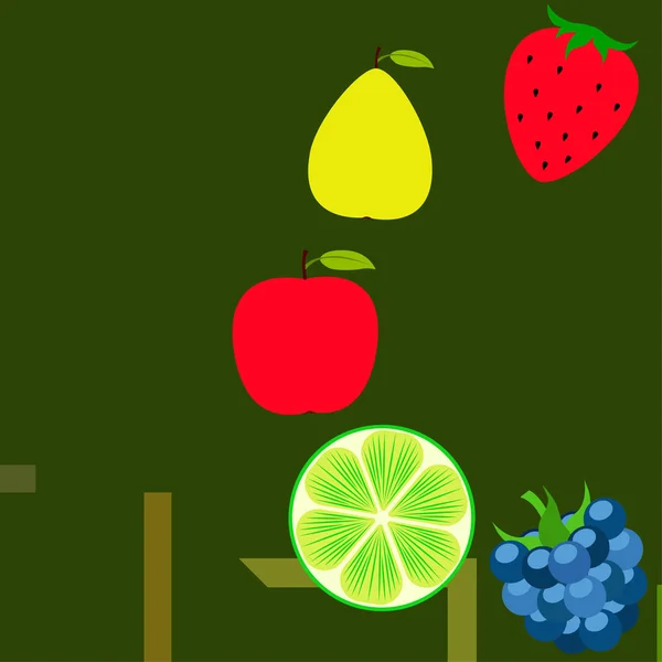 Frutta Bacche Colorate Icone Frutta Dei Cartoni Animati Mela Pera — Vettoriale Stock