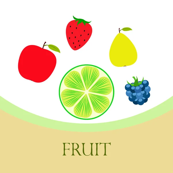 Fruit en bessen. Kleurrijke cartoon fruit iconen: appel, peer, BlackBerry, aardbei, limoen. Vector achtergrond. — Stockvector