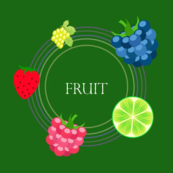 Frutas y bayas. Iconos coloridos de frutas de dibujos animados: mora, frambuesa, uva, fresa, lima. Fondo vectorial . — Vector de stock