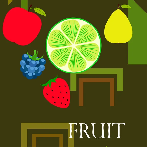 果物とベリーカラフルな漫画のフルーツアイコン リンゴ ブラックベリー イチゴ ライム ベクトルの背景 — ストックベクタ