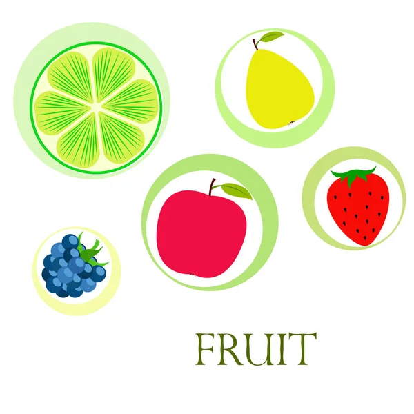 Frutas y bayas. Iconos coloridos de frutas de dibujos animados: manzana, pera, mora, fresa, lima. Fondo vectorial . — Vector de stock
