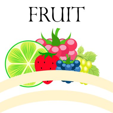 Meyveler ve meyveler. Renkli karikatür meyve ikonları: böğürtlen, ahududu, üzüm, çilek, limon. Vektör arkaplanı.