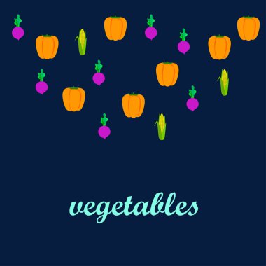 Taze sebzeler. Biber, pancar, mısır. Organik gıda posteri. Çiftçi pazarı tasarımı. Vektör.