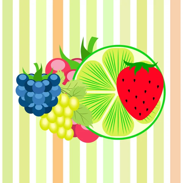 Früchte und Beeren. bunte Comic-Frucht-Ikonen: Brombeere, Himbeere, Traube, Erdbeere, Limette. Vektorhintergrund. — Stockvektor