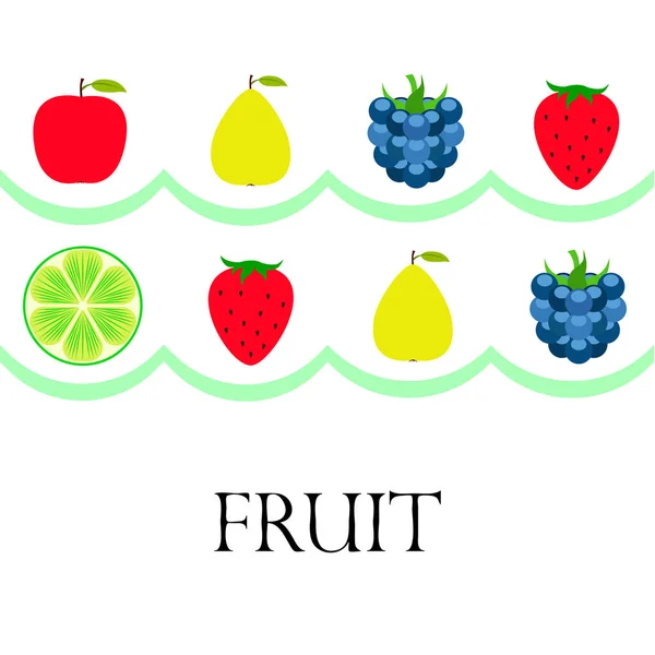 Früchte und Beeren. bunte Comic-Frucht-Ikonen: Apfel, Birne, Brombeere, Erdbeere, Limette. Vektorhintergrund. — Stockvektor