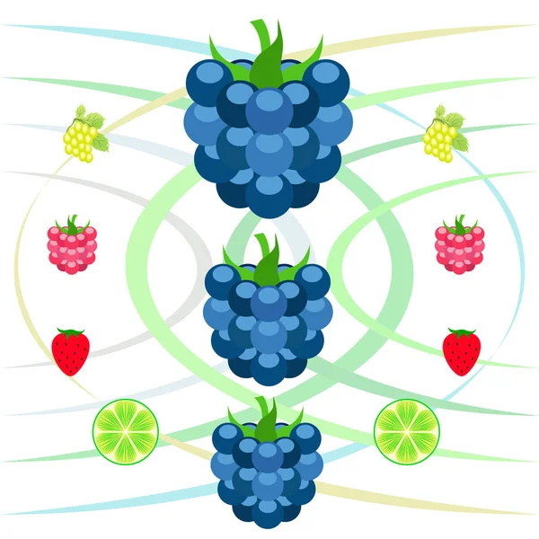 Frutas e bagas. Ícones de frutas de desenhos animados coloridos: amora-preta, framboesa, uva, morango, limão. Fundo vetorial . — Vetor de Stock