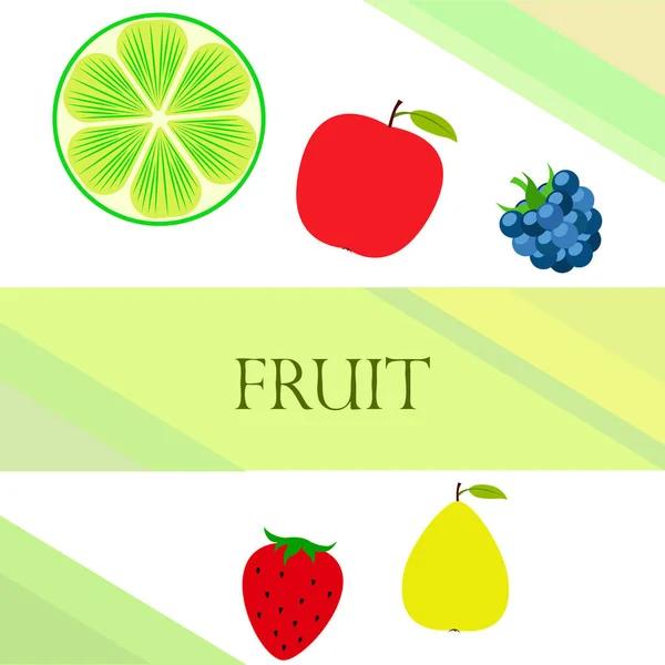 Φρούτα και μούρα. Πολύχρωμα κινούμενα σχέδια φρούτων εικόνες: μήλο, αχλάδι, βατόμουρο, φράουλα, λάιμ. Διανυσματικό φόντο. — Διανυσματικό Αρχείο