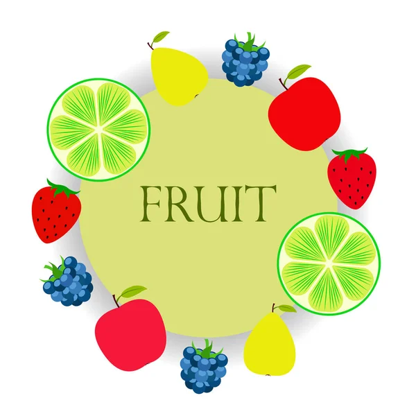 Fruit en bessen. Kleurrijke cartoon fruit iconen: appel, peer, BlackBerry, aardbei, limoen. Vector achtergrond. — Stockvector