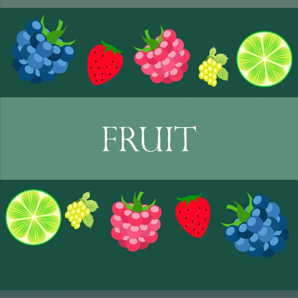 Frutas y bayas. Iconos coloridos de frutas de dibujos animados: mora, frambuesa, uva, fresa, lima. Fondo vectorial . — Archivo Imágenes Vectoriales