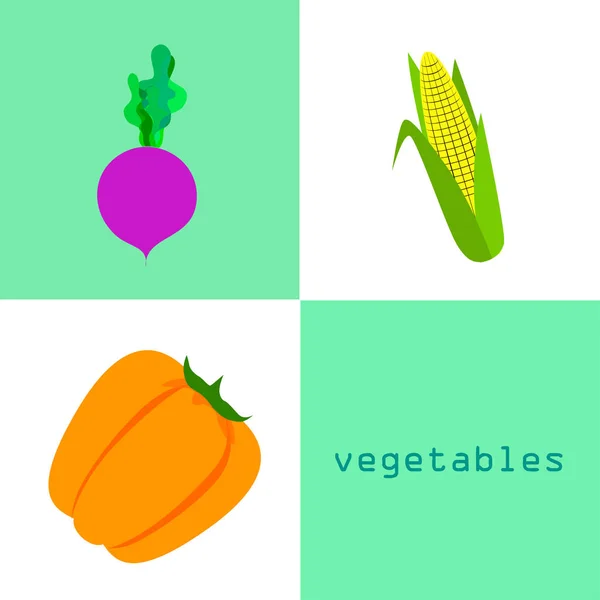 Verduras frescas. Pimienta, remolacha, maíz. Cartel de alimentos orgánicos. Diseño del mercado de agricultores. Vector . — Vector de stock