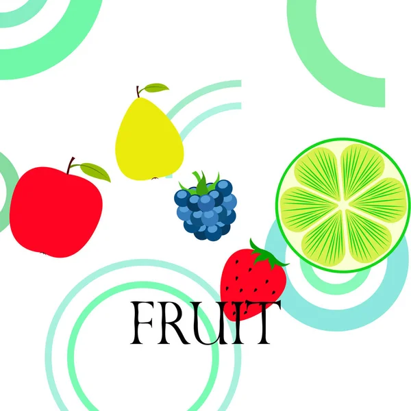 Frutas y bayas. Iconos coloridos de frutas de dibujos animados: manzana, pera, mora, fresa, lima. Fondo vectorial . — Vector de stock