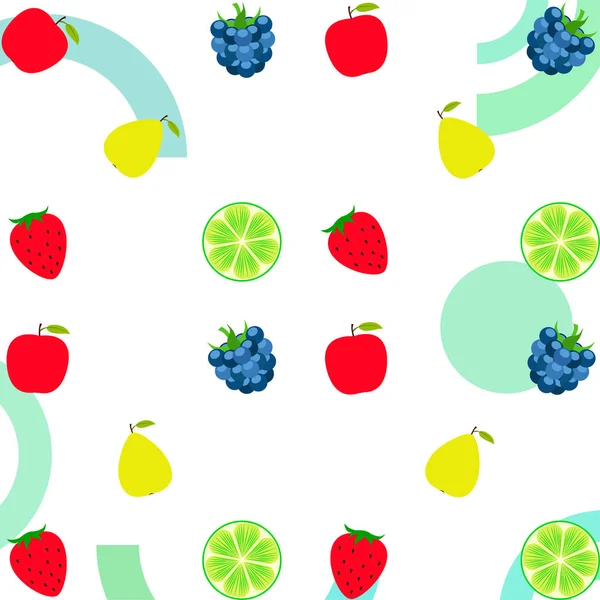 Fruits and berries. Colorful cartoon fruit icons: apple, pear, blackberry, strawberry, lime. Vector background. — Stock Vector