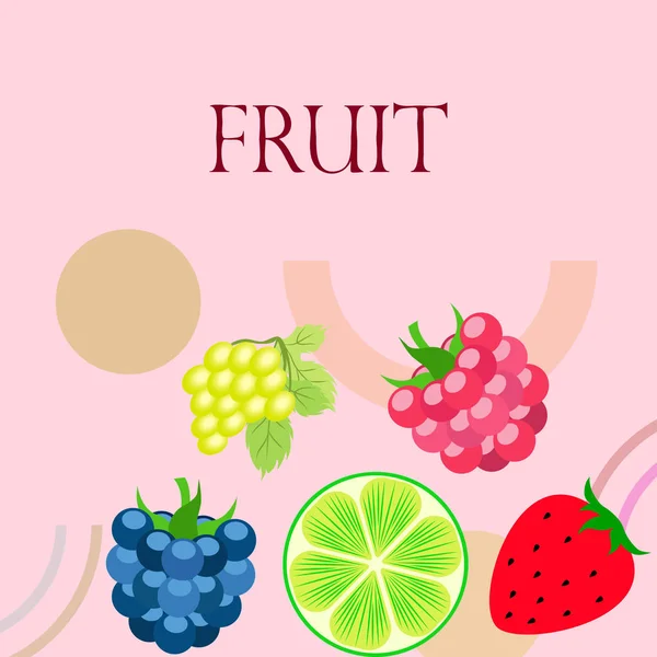 Frukt och bär. Färgglada tecknad frukt ikoner: björnbär, hallon, druva, jordgubbe, lime. Vektor bakgrund. — Stock vektor