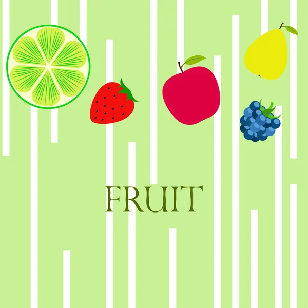 Gyümölcsök és bogyók. Színes karikatúra gyümölcs ikonok: alma, körte, szeder, eper, lime. Vektorháttér. — Stock Vector