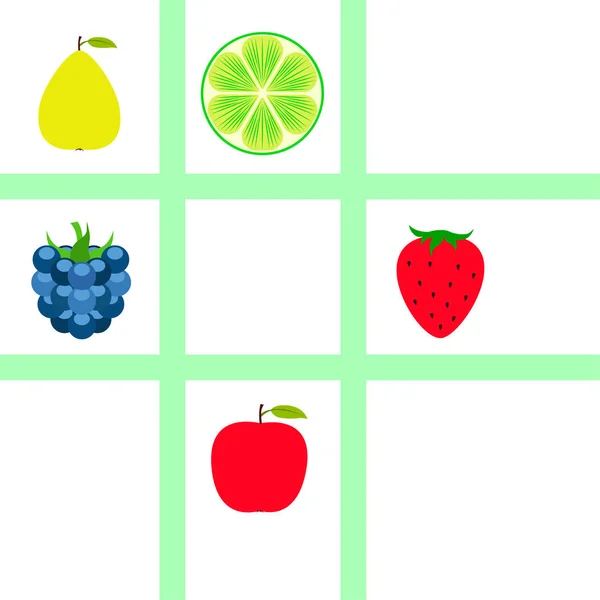 Frutas y bayas. Iconos coloridos de frutas de dibujos animados: manzana, pera, mora, fresa, lima. Fondo vectorial . — Vector de stock