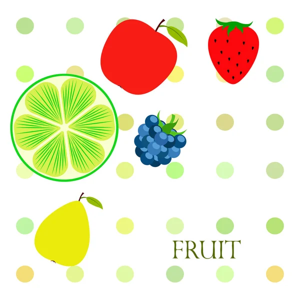 Fruits et baies. icônes colorées de fruits de dessin animé : pomme, poire, mûre, fraise, citron vert. Fond vectoriel . — Image vectorielle