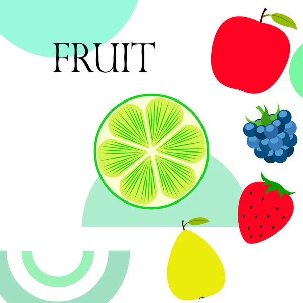 Owoce i jagody. Kolorowe ikony owoców kreskówki: jabłko, gruszka, Jeżyna, truskawka, wapno. Tło wektorowe. — Wektor stockowy