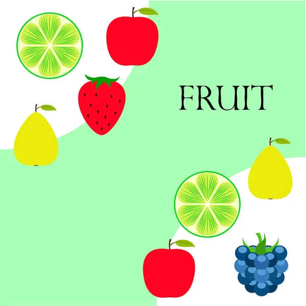 Meyve ler ve meyveler. Renkli karikatür meyve simgeleri: elma, armut, böğürtlen, çilek, kireç. Vektör arka planı. — Stok Vektör